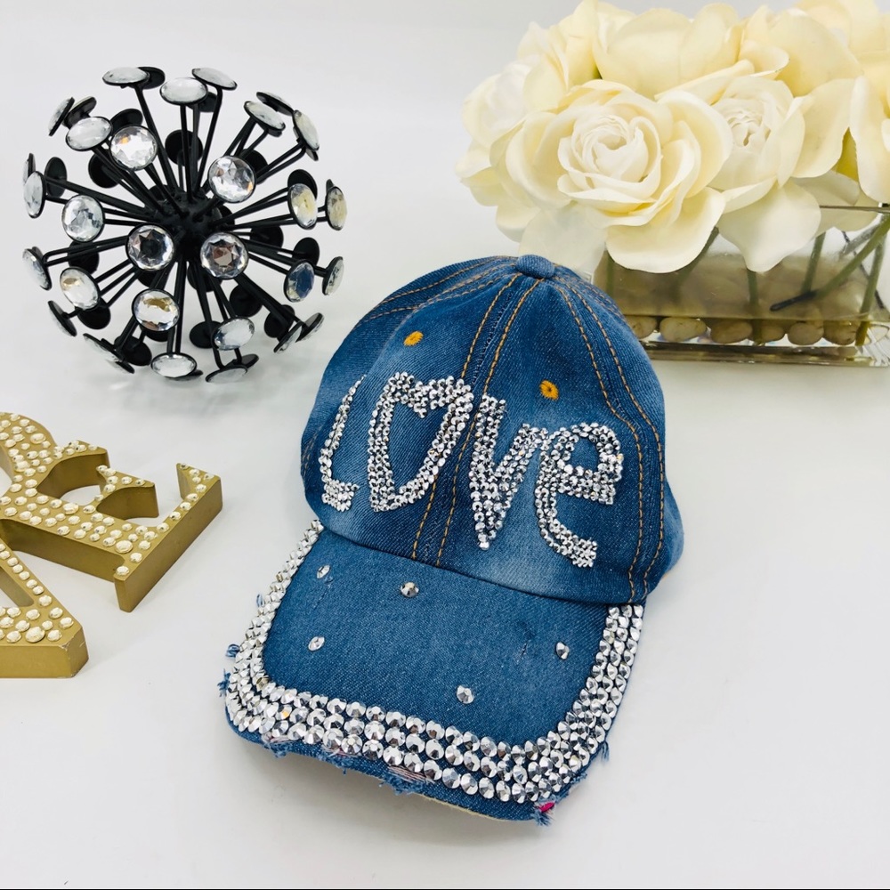Denim Love Rhinestone Baseball Cap Hat - Picture 2 of 6